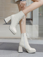 Damen Stiefeletten Ecru White Cowhide Square Toe Chunky Heel Vordere Spitze Stiefeletten