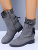 Damen Stiefeletten Grau Leder Runde Zehen Patchwork Schnüren Flache Stiefeletten