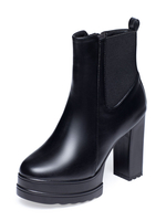 Damen Stiefeletten High Heel Platform Schwarz Leder Round Toe Chunky Heel Booties