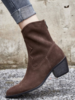 Damen Stiefeletten Kaffee Braun Wildleder Leder Pointed Toe Patched Booties