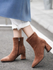 Damen Stiefeletten Kaffee Brown Elastic Fabric Pointed Toe Chunky Heel Booties