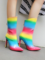 Damen Stiefeletten Leder Red Pointed Toe Regenbogen Color Block Ombre Stiefel