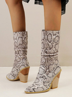 Damen Stiefeletten Leder Weiß Spitze Zehen Schlangenhaut Print Chunky Heel Stiefel
