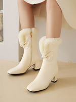 Damen Stiefeletten Leder White Bows Square Toe Chunky Heel