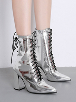 Damen Stiefeletten Patent Upper Sliver Pointed Toe Chunky Stiefel