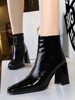 Damen Stiefeletten PU Leder Black Pointed Toe Chunky Heel Booties