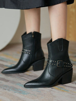 Damen Stiefeletten PU Leder Black Pointed Toe Chunky Heel Booties