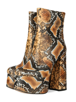 Damen Stiefeletten PU Leder Hellbraun Snake Print Runde Zehen High Heel Platform Stiefel