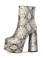 Damen Stiefeletten PU Leder Python Print Round Toe Chunky Heel Platform Stiefel
