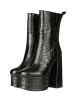 Damen Stiefeletten PU Leder Schwarz Runde Zehen Chunky Heel High Heel Platform Stiefel