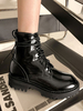 Damen Stiefeletten PU Leder Schwarz Runde Zehen verstellbarer Riemen Knöchelriemen