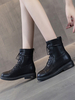 Damen Stiefeletten PU Leder Schwarz Spitze Zehen Flache Schnürstiefel