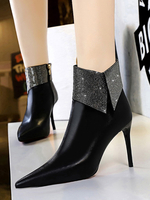 Damen Stiefeletten PU Leder Schwarze Strasssteine Pointed Daily Casual Toe 3.7
