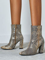 Damen Stiefeletten Python Pointed Toe Snake Print Chunky Heel Leder Stiefeletten