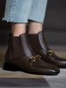 Damen Stiefeletten Rindsleder Kaffee Braun Metall Details Quadratische Zehenstiefel