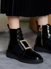 Damen Stiefeletten Rindsleder Schwarz Metall Details Runde Zehen Strass Stiefel
