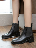 Damen Stiefeletten Schwarz Kuhfell-quadratische Zehe Chunky Heel Platz Toe Damen Stiefeletten