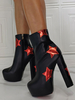 Damen Stiefeletten Schwarz Leder Round Toe Platform Sternchenmuster Chunky Heel Booties