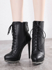 Damen Stiefeletten Schwarz Leder Runde Zehen Schnürketten Stöckelschuhe