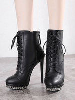 Damen Stiefeletten Schwarz Leder Runde Zehen Schnürketten Stöckelschuhe