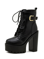 Damen Stiefeletten Schwarz Leder Runde Zehenschnalle Chunky Heel Zipper Martin Stiefel