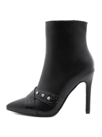 Damen Stiefeletten Schwarz Leder Spitze Zeh Reißverschluss Akzent Strass Stöckelabsatz