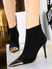 Damen Stiefeletten Schwarz Leder Spitze Zehen Metall Details Stiletto Heel 3.7 "Booties