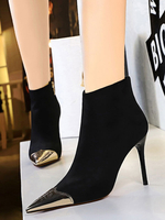 Damen Stiefeletten Schwarz Leder Spitze Zehen Metall Details Stiletto Heel 3.7 "Booties