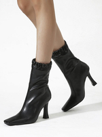 Damen Stiefeletten Schwarz Leder Square Toe Fashion Booties