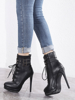 Damen Stiefeletten Schwarz Leder Square Toe Schnalle Stiletto Heel 5.1 "Booties