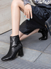 Damen Stiefeletten Schwarz Pailletten Stoff Square Toe Chunky Heel Damen Stiefeletten