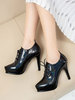 Damen Stiefeletten Schwarz Patent PU Obere Spitze Zehen Stiletto Ferse Spitze Krawatte Kurze Stiefel