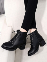 Damen Stiefeletten Schwarz PU Leder Round Toe Chunky Heel Booties