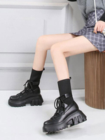 Damen Stiefeletten Schwarz PU Leder Round Toe Chunky Heel Martin Stiefel