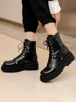 Damen Stiefeletten Schwarz PU Leder Round Toe Flatforms Vorderriemen Verstellbare Stiefeletten