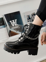 Damen Stiefeletten Schwarz PU Leder Runde Zehenketten Chunky Heel Booties