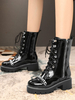 Damen Stiefeletten Schwarz PU Leder Runde Zehenketten Chunky Heel Booties