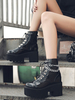 Damen Stiefeletten Schwarz PU Leder Runde Zehenketten Flatform Short Boots