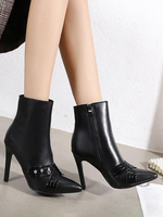 Damen Stiefeletten Schwarz PU Leder Spitze Zehen Stiletto Absatz Stiefeletten