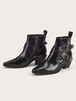 Damen Stiefeletten Schwarz PU Leder Spitze Zehenschnalle Chunky Heel 2.4 "Booties