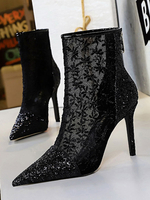 Damen Stiefeletten Schwarze Spitze Spitze Zehen Pailletten Stiletto Heel High Heel Booties