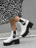 Damen Stiefeletten Weiß PU Leder Runde Zehenketten Chunky Heel Damen Stiefeletten
