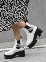 Damen Stiefeletten Weiß PU Leder Runde Zehenketten Chunky Heel Damen Stiefeletten