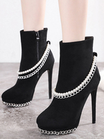 Damen Stiefeletten Wildleder Black Pearls Round Toe Zip Up High Heels Stiefel