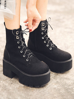 Damen Stiefeletten Wildleder Leder Schwarz Runde Zehen Flatform Schnür Martin Stiefel