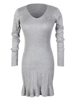 Damen Strickkleid Grau Charmant Plissee Langarm Bodycon Sweater Kleid