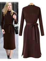 Damen Sweater Kleid Etuikleider Langarm Classic Jewel Neck Schwarze Pullover Tunika Kleid mit Gürtel