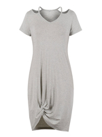 Damen T-Shirt Kleider Hellgrau Polyester Kurzarm V-Ausschnitt Knielang Asymmetrisches Sommerkleid