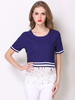 Damen T-Shirt Kurzarm Navy Blue Zweifarbige Spitze Jewel Neck Cotton Casual Tops