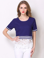 Damen T-Shirt Kurzarm Navy Blue Zweifarbige Spitze Jewel Neck Cotton Casual Tops